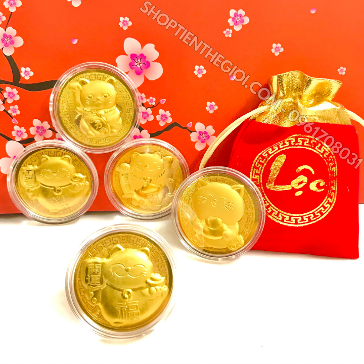 Đồng Xu Hình Con Mèo Thần Tài CUTE Tặng Túi Gấm Lộc - SP005915